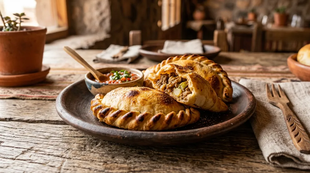 Empanadas salteñas doradas en plato de barro